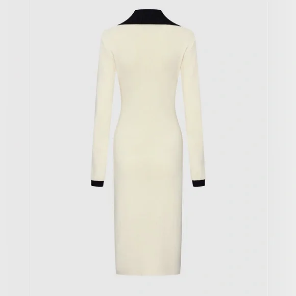 Urban Revivo luxe Ivory off white & black contrast midi dress twist lock buttons - Picture 6 of 10